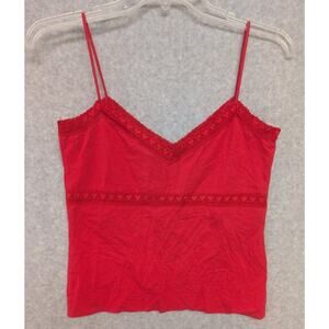 Y2K Babydoll Tank Womens Medium Lace Trim 90s Dainty Cami Red Hearts VTG Esprit